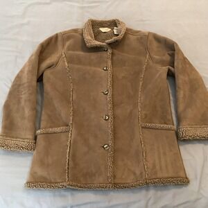 L.L. Bean Coat Womens L Brown Faux Suede Sherpa‎ Fleece Lined Mid Length Warm